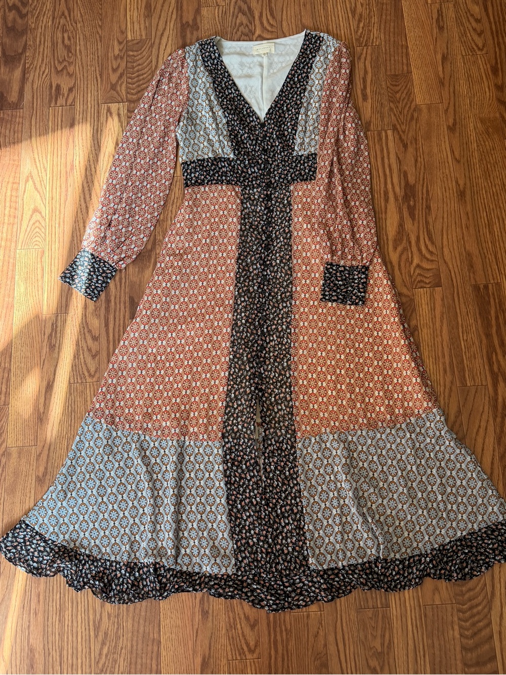 MELLODAY Block Print Button Down Maxi Dress sz XS